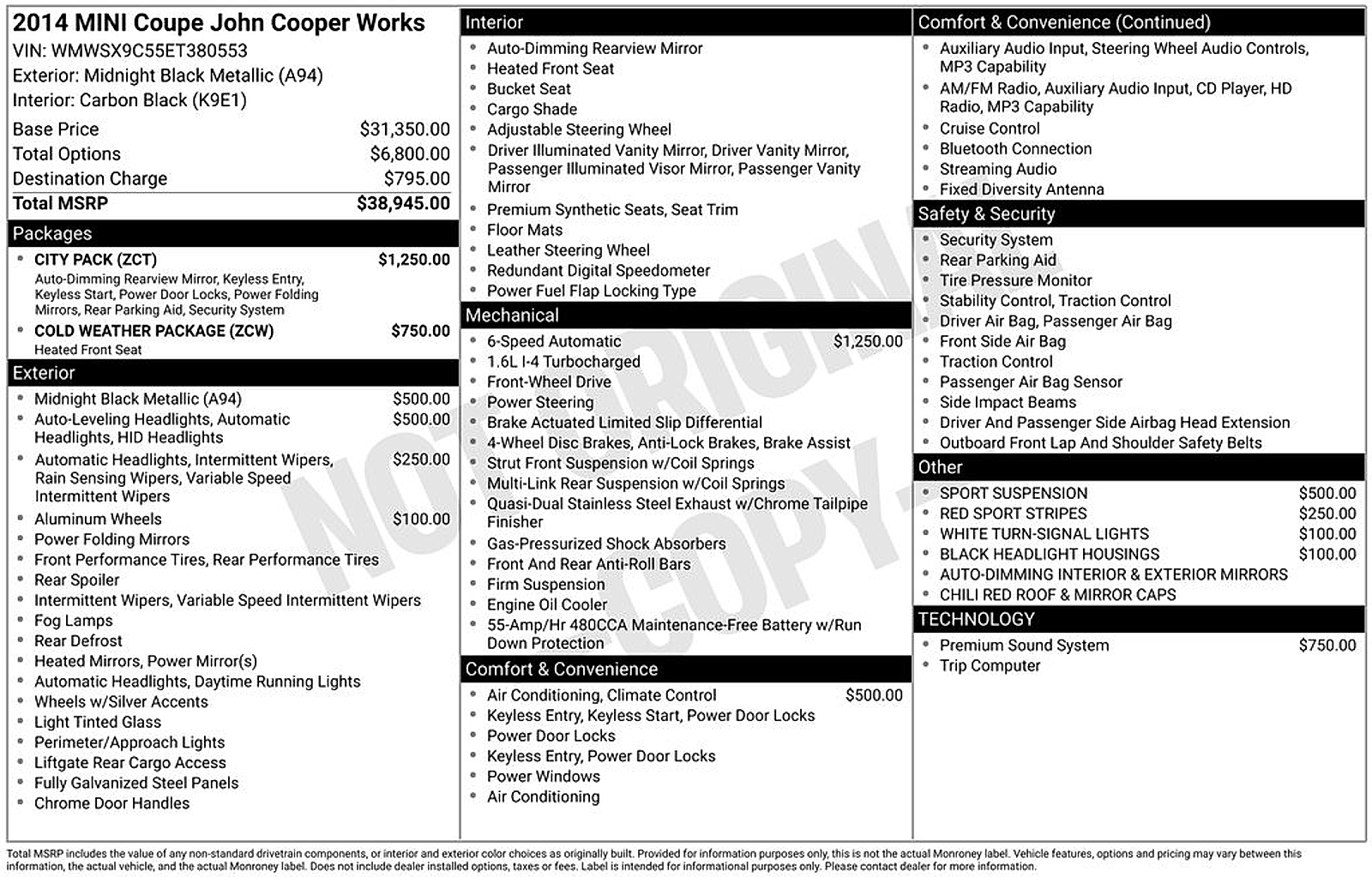 Midnight Black Metallic 2014 MINI Cooper Coupe John Cooper Works FWD Coupe Front-Wheel Drive Manual